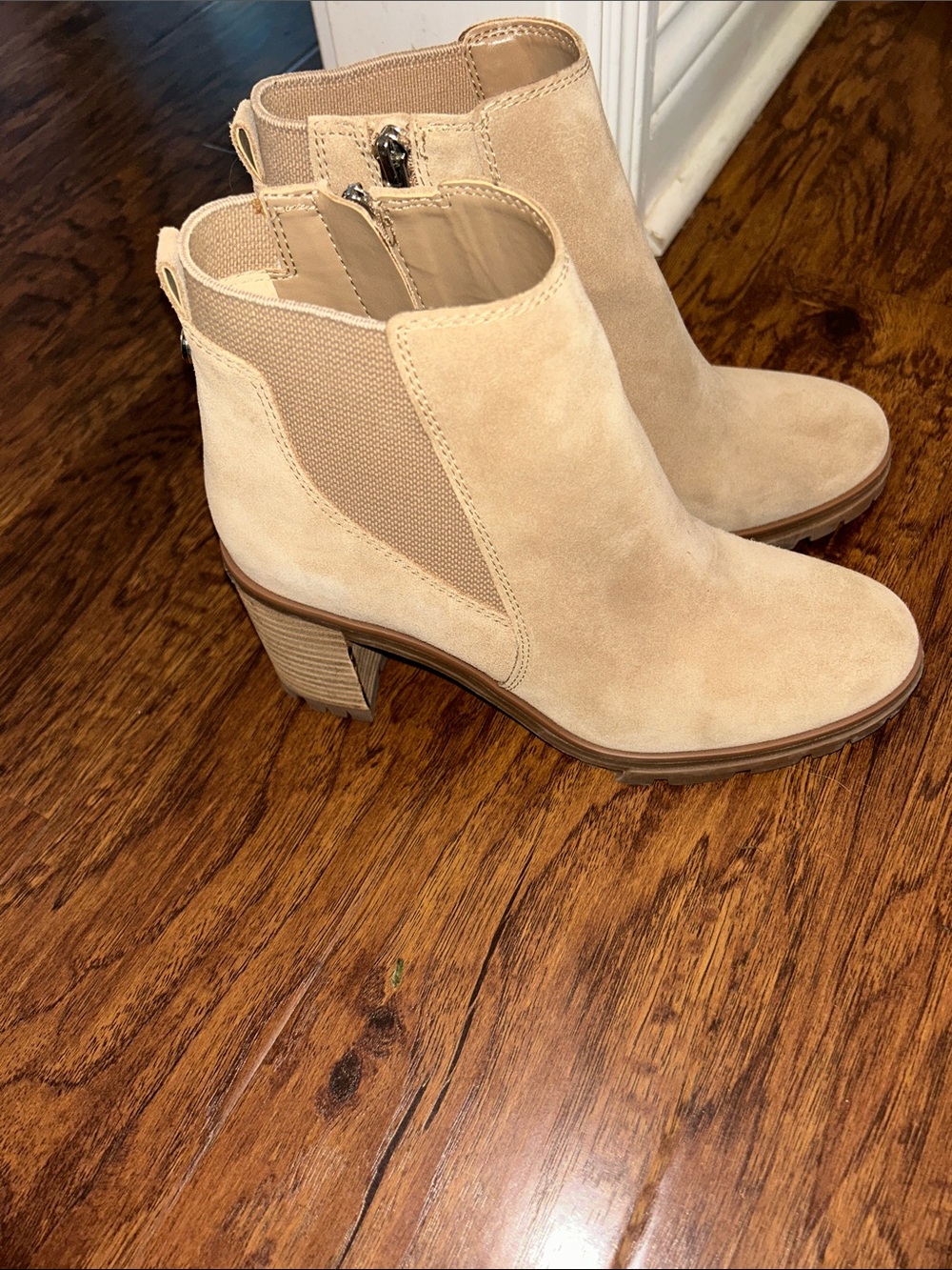 Vince Camuto Beige Suede Ankle Booties with Block Heel